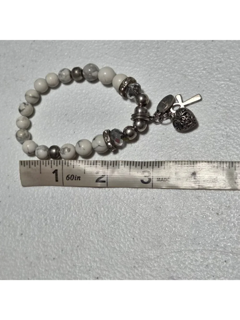 Handcrafted White Howlite Beaded Charm Bracelet Cross Heart Religious Jewelry